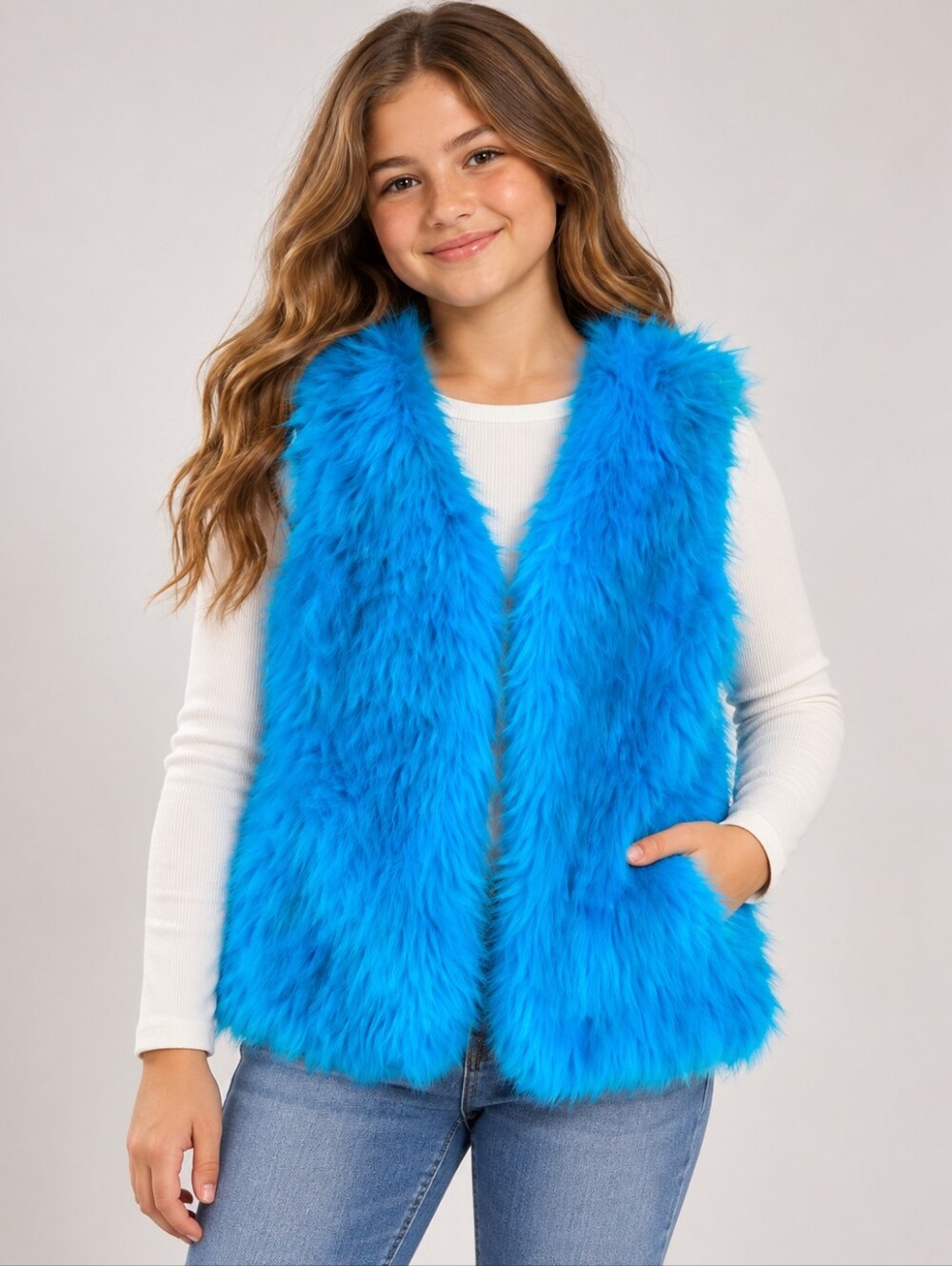 JUSTICE GIRLS BRIGHT BLUE FUR VEST SZ 14